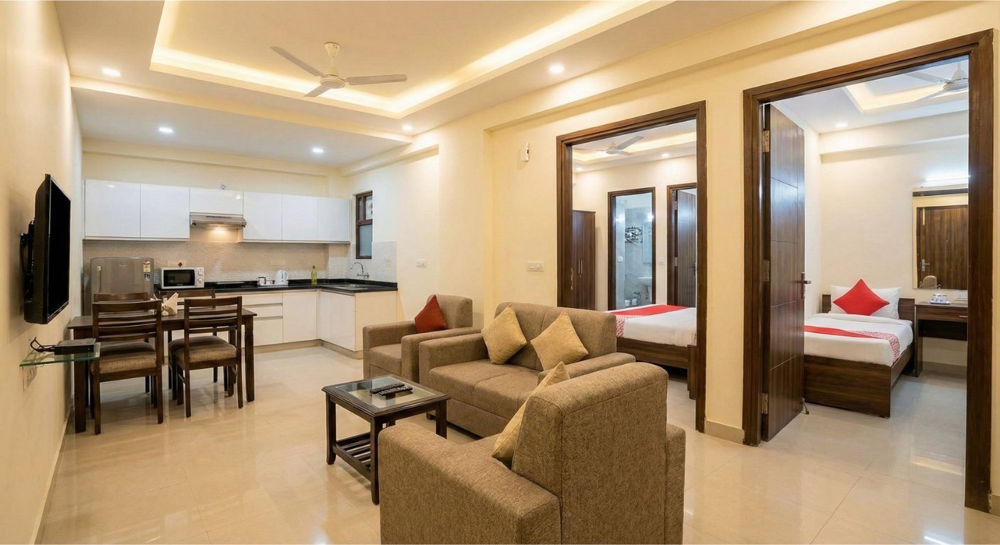 Spacious 2 BHK Living Room with Modern Furniture