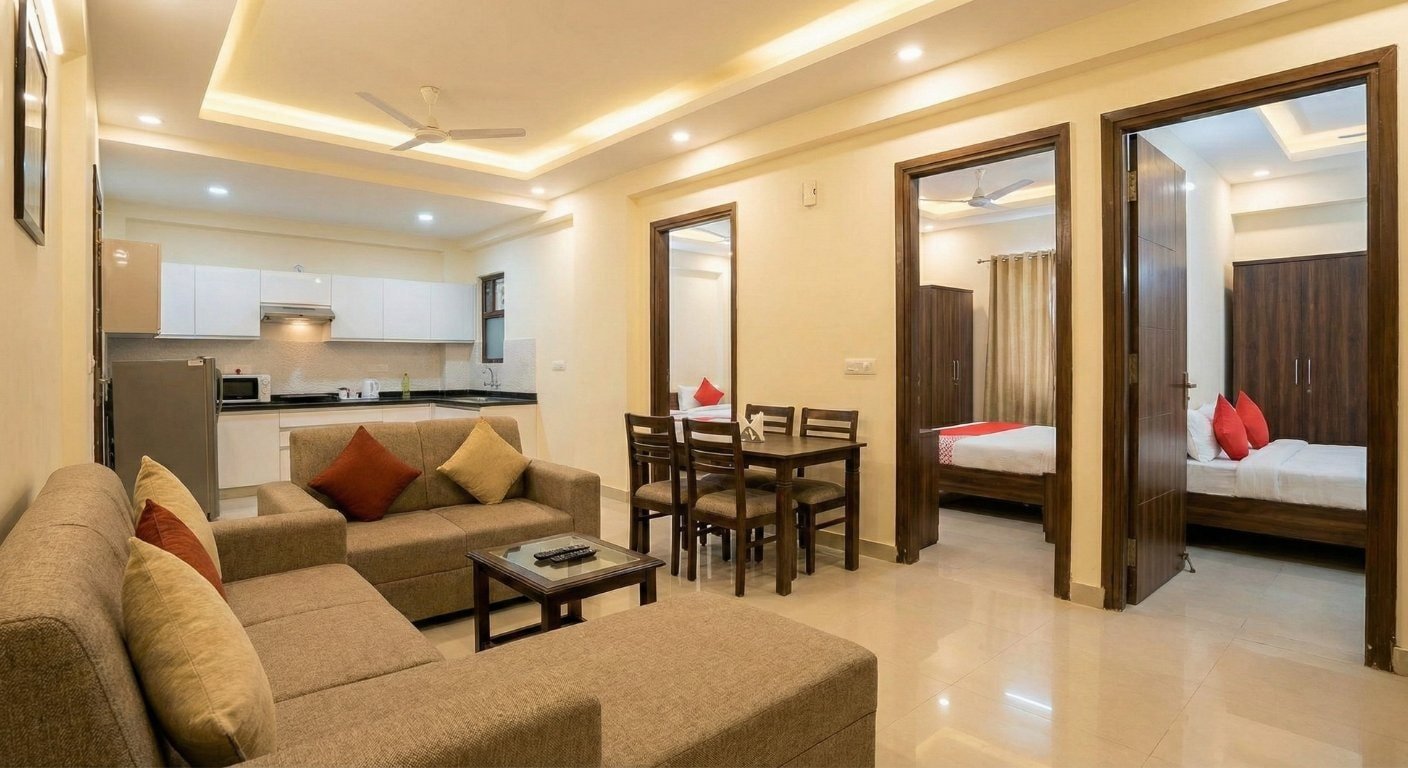 Spacious 3 BHK Living Room with Modern Furniture